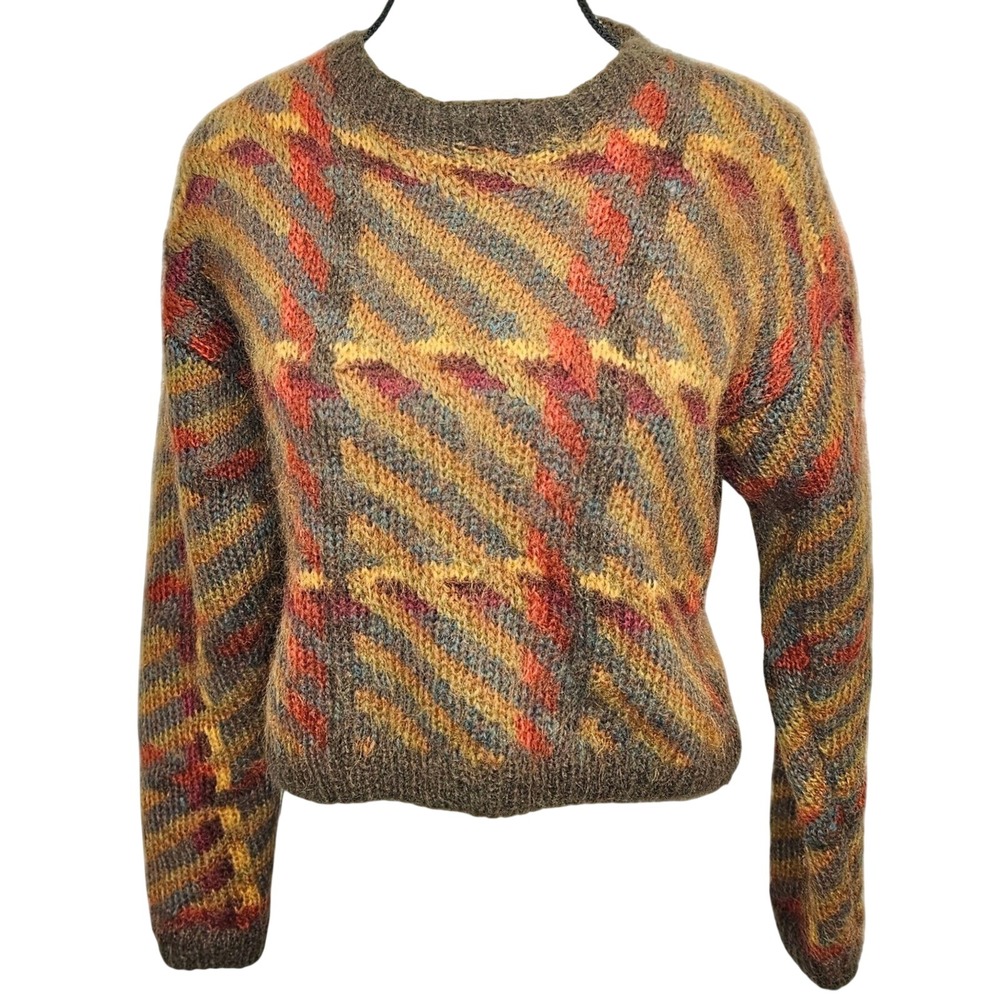 Linda Allard Ellen Tracy Mohair Wool Hand Knit Sweater Brown Orange Abstract P